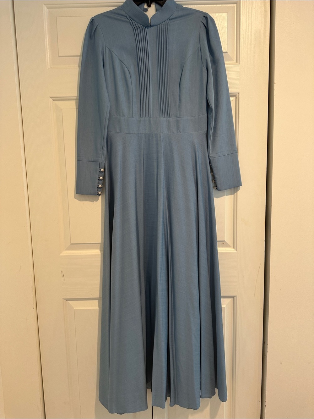 Classic Long-Sleeve Midi Dress in Dusty Blue